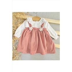 VOYYO Kız Bebek Dantel Yakalı Fitilli Doku Mevsimlik Salopet Elbise, Doğum Günü ve Özel Gün Elbisesi R562