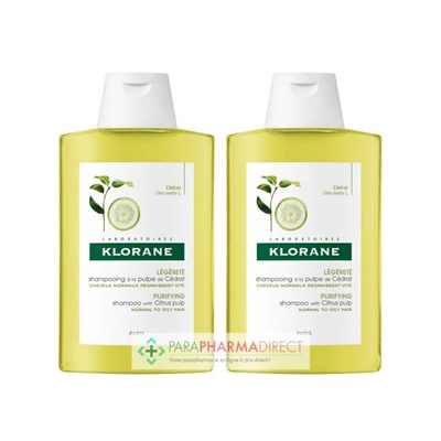 Klorane Cédrat Shampooing Légèreté Cheveux Normaux Regraissant Vite 2x400mlLot  × 2