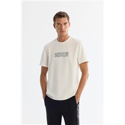 Ekru Bisiklet Yaka Baskılı Elastan T-Shirt