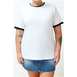 Beyaz Renk Blok Detaylı Boyfriend %100 Pamuk Örme T-shirt TBBSS24BF00012