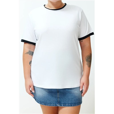Beyaz Renk Blok Detaylı Boyfriend %100 Pamuk Örme T-shirt TBBSS24BF00012