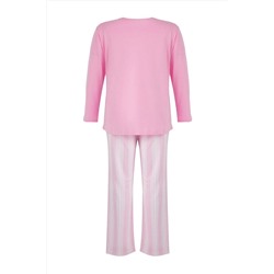 Pembe %100 Pamuklu Çizgili Örme Büyük Beden Pijama Takımı TBBAW26AI00014