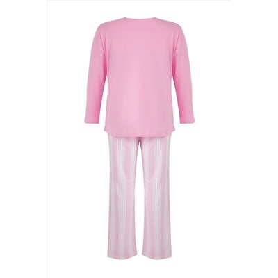Pembe %100 Pamuklu Çizgili Örme Büyük Beden Pijama Takımı TBBAW26AI00014