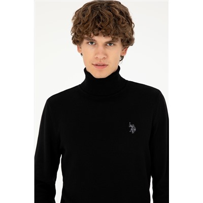 Erkek Slim Fit Boğazlı Yaka Siyah Basic Kazak