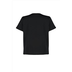 Siyah Boyfriend Fit Yanda Çıt Çıt Detaylı %100 Pamuk Örme Büyük Beden T-shirt TBBSS24BF00000