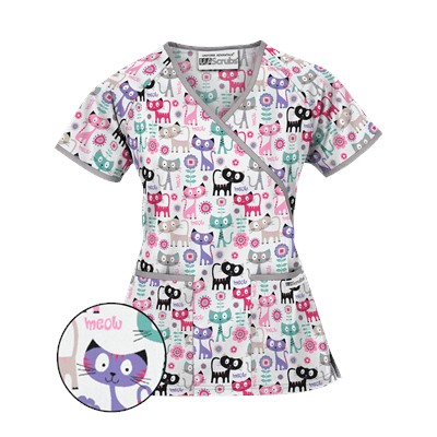 UA Cats Meow White Mock Wrap Scrub Top