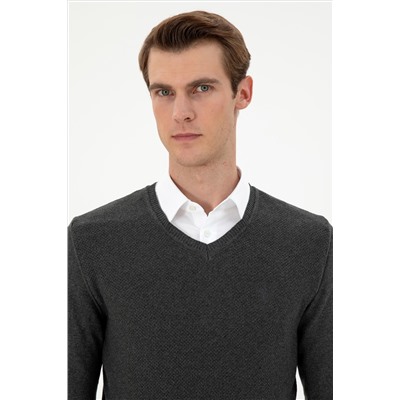 Erkek Slim Fit V Yaka Antrasit Melanj Basic Kazak