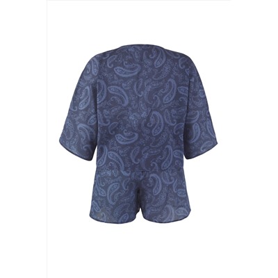 Mavi Şal Desen Bağlama Detaylı Beachwear Büyük Beden Alt-Üst Takım TBBSS25CP00001