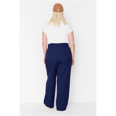 Lacivert Wide Leg/Geniş Paça Dokuma Büyük Beden Kumaş Pantolon TBBAW23AR00007