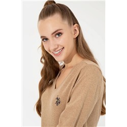 Kadın Camel Melanj V - Yaka Basic Kazak