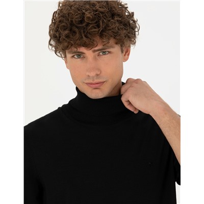 Siyah Slim Fit Balıkçı Yaka Basic Triko Kazak