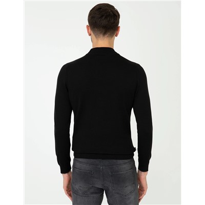 Siyah Slim Fit Yarım Balıkçı Basic Triko Kazak