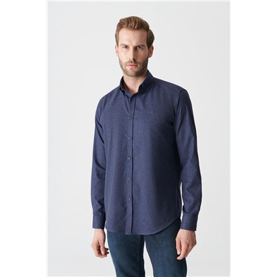Lacivert Basic Düğmeli Yaka Pamuklu Comfort Fit Rahat Kesim Gömlek