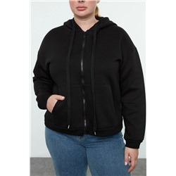 Siyah Kapüşonlu İçi Polarlı Önü Fermuarlı Büyük Beden Örme Sweatshirt