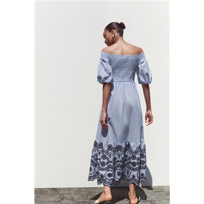STRIPED EMBROIDERED MIDI DRESS
