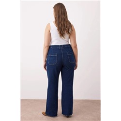 Koyu Mavi Yüksek Bel Paçası Kesikli Straight Fit Denim Büyük Beden Jeans TBBAW26CJ00033