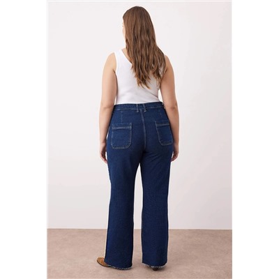 Koyu Mavi Yüksek Bel Paçası Kesikli Straight Fit Denim Büyük Beden Jeans TBBAW26CJ00033