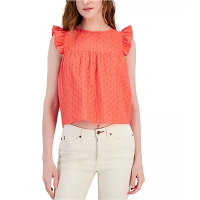 TOMMY HILFIGER Women's Cotton Eyelet Tie-Back Flutter-Sleeve Top