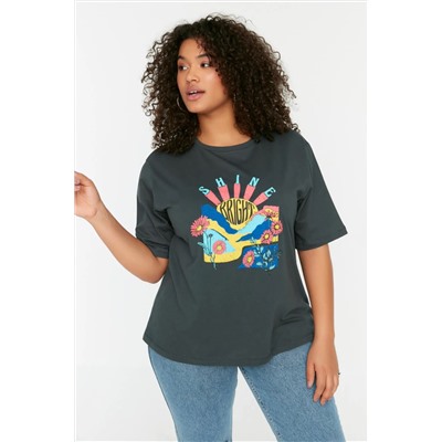 Antrasit Boyfriend Fit Bisiklet Yaka Baskılı %100 Pamuk Örme Büyük Beden T-Shirt TBBSS22TS1944