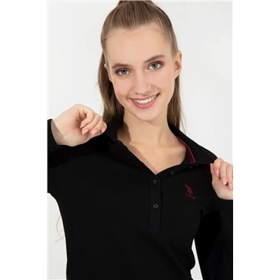 Kadın Siyah Polo Yaka Basic Sweatshirt