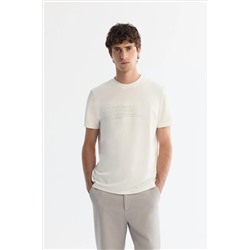 Ekru Bisiklet Yaka Gofreli Elastan T-Shirt