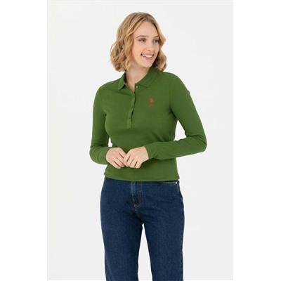 Kadın Yeşil Basic Polo Yaka Sweatshirt