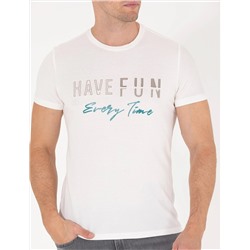 Ekru Slim Fit Baskılı Bisiklet Yaka Tişört