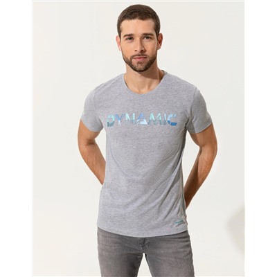 Açık Gri Melanj Slim Fit Baskılı Bisiklet Yaka Tişört