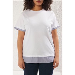 Beyaz Yaka ve Etek Ucunda Çizgili Poplin Detaylı Örme Büyük Beden T-shirt TBBSS25BF00003