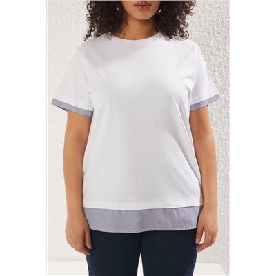 Beyaz Yaka ve Etek Ucunda Çizgili Poplin Detaylı Örme Büyük Beden T-shirt TBBSS25BF00003