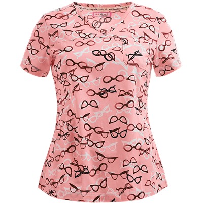 koi Scrubs Fashion Glasses Print Top