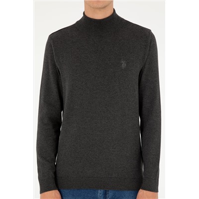 Erkek Slim Fit Yarım Boğazlı Antrasit Melanj Basic Kazak
