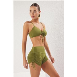 TRENDYOLMİLLA Haki Bralette Şortlu Büzgü Detaylı Yüksek Bel Şortlu Bikini Takımı TBESS25BT00088