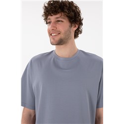 Erkek Comfort Fit Bisiklet Yaka Mavi Merserize Basic Tişört