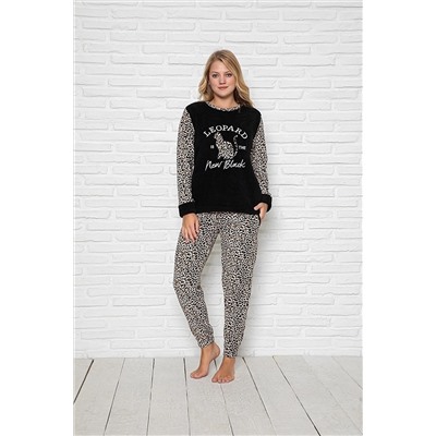 shopshop Kadın Kışlık Leopar Desenli Polar Peluş Pijama Takımı-0228 ss9090