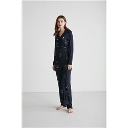 U.S. Polo Assn. Kadın %100 Pamuklu Lacivert Yıldız Desenli Boydan Patlı Düz Paça 2'li Pijama Takımı 26980