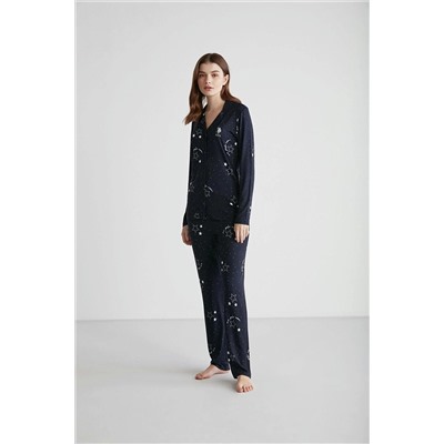 U.S. Polo Assn. Kadın %100 Pamuklu Lacivert Yıldız Desenli Boydan Patlı Düz Paça 2'li Pijama Takımı 26980