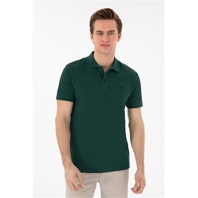 Erkek Slim Fit Polo Yaka Koyu Yeşil Basic Tişört