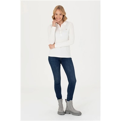 Kadın Ekru Basic Polo Yaka Sweatshirt