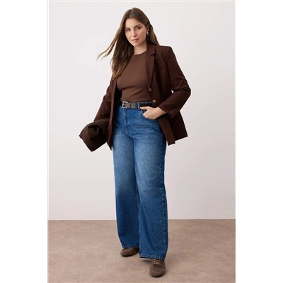 Koyu Mavi Yüksek Bel Geniş Paça Wide Leg Büyük Beden Jeans TBBAW26CJ00041