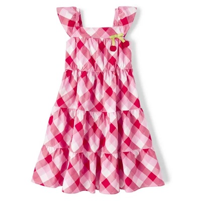 Girls Gingham Tiered Dress - Very Cherry