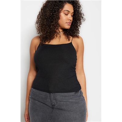 Siyah Spagetti Askılı Crop Fitilli Örme Büyük Beden Bluz TBBSS23AF00013
