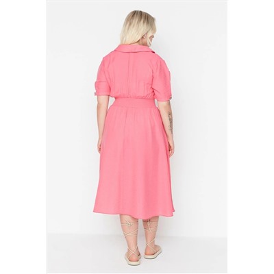 Pembe Gipe ve Düğme Detaylı Dokuma Elbise TBBSS22EL1563