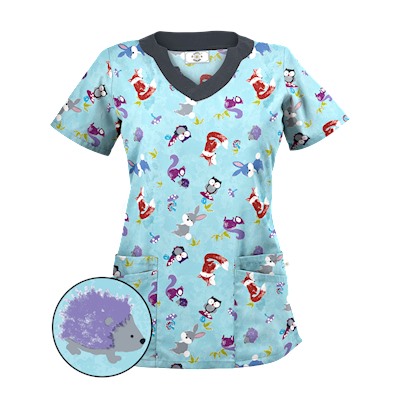 Happy Scrubs® Fall Friends Angel Blue Print Scrub Top