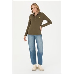 Kadın Haki Polo Yaka Basic Sweatshirt