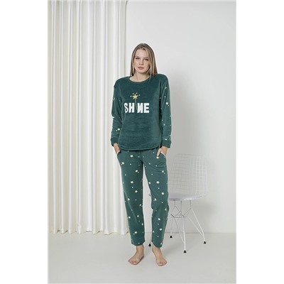 SEBOTEKS Shine Yıldız Desenli Peluş Polar Cepli Kadın Pijama Takımı 4402 SBTKS4402