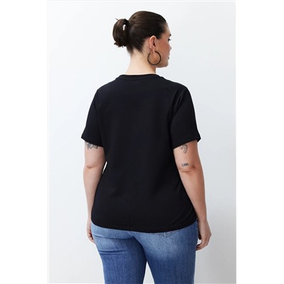 Siyah Biye Detaylı %100 Pamuk Örme T-shirt TBBSS24BF00021