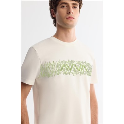 Ekru Bisiklet Yaka İnterlok Elastan T-Shirt
