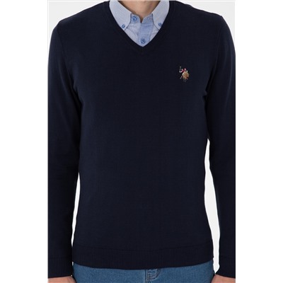 Erkek Slim Fit V Yaka Lacivert Basic Kazak