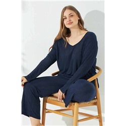 Siyah İnci Lacivert Soft Touch Ince Curve Büyük Beden Battal Boy Örme Pijama Takım 7663